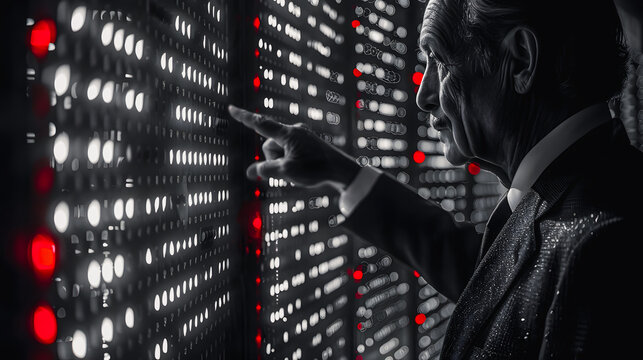 Older man pointing at binary code. Business development for success and growth concept. Business structure of the global network. Black and white background.