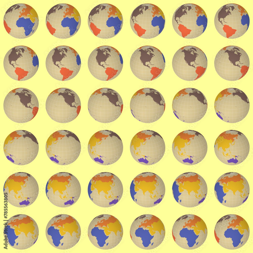 Poster collection of globes. slanted sphere view. rotation step 10 degrees. colored continents style. world