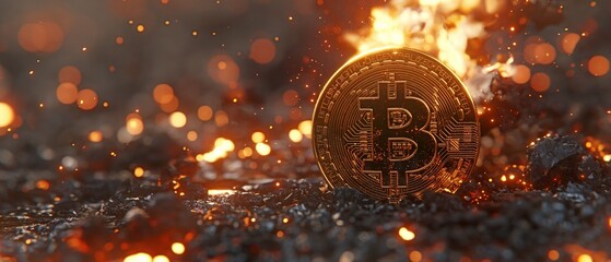 A cinematic effect with Bitcoin falling into a raging inferno and dramatic shadows.