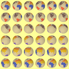 Collection of globes. Slanted sphere view. Rotation step 10 degrees. Colored continents style. World map with sparse graticule lines on warm background. Gorgeous vector illustration.