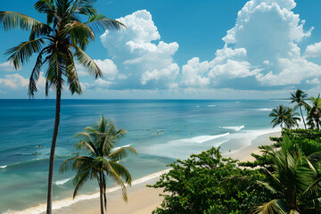 Sunny coast in Bali. Palm trees, sea, sand. Bird's eye view