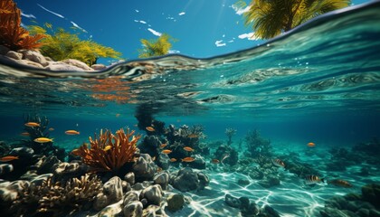 An underwater paradise teeming with vibrant marine life and coral formations.