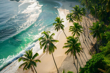 Sunny coast in Bali. Palm trees, sea, sand. Bird's eye view