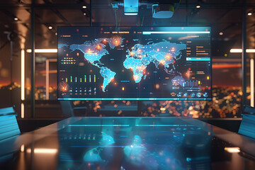 A 3D map floating in a high-tech conference room, with dynamic indicators of trade, resources, and human capital across different regions - obrazy, fototapety, plakaty