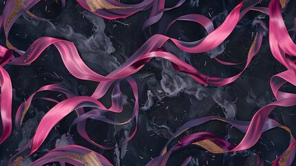 pattern of pink and gold ribbons on a black background