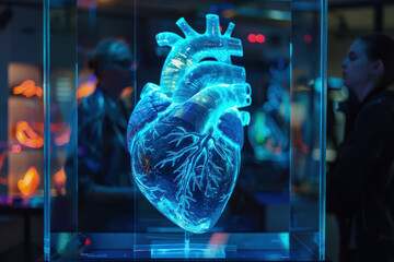 A high-resolution 3D heart model in a futuristic medical exhibit, with areas prone to APS complications illuminated in pulsating blue - obrazy, fototapety, plakaty