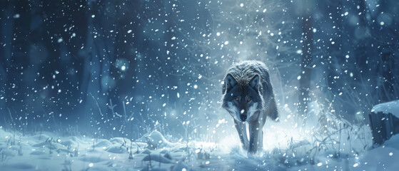 A lone wolf leading its pack through a blizzard, the snowflakes glowing like tiny lanterns