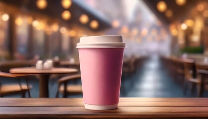 realistic pink mockup of paper cup with lid on a restaurant with blurred background 