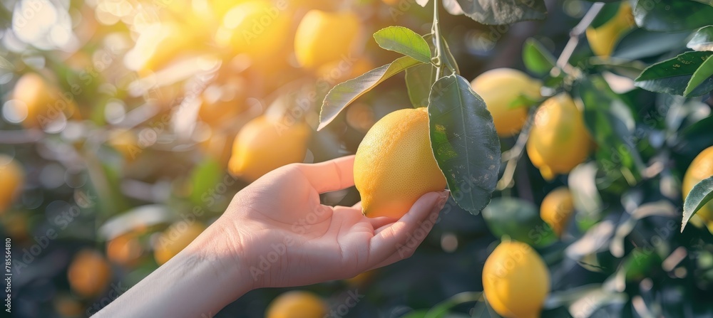 Poster Hand holding fresh lemon, selection with copy space on blurred background for text placement