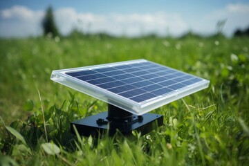 Solar panels in the garden. Solar power plant among trees and bushes. Application of photoelectric converters to ecological profit. Solar power panel. Green energy concept - obrazy, fototapety, plakaty