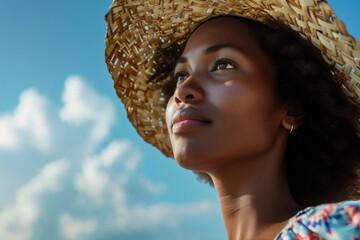 bottom view, Beautiful african american Woman with straw hat under Sun, Summer Vacation, blue sky, white clouds