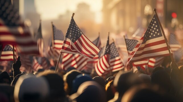 Background blur of crowd at political rally in the United States holding signs and carrying US flags. Great image for upcoming election cycle in 2024 presidential campaigns. Copy space