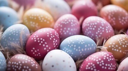 Fototapeta na wymiar Easter holiday. many colorful eggs with ornaments. different colors and intricate patterns. pastel colors, natural dye