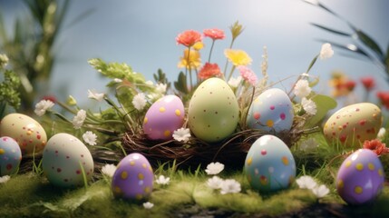 Beautiful easter decoration and painted colorful easter eggs in beautiful nature landscape in spring. Easter eggs on the fresh green meadow. Easter hunt concept