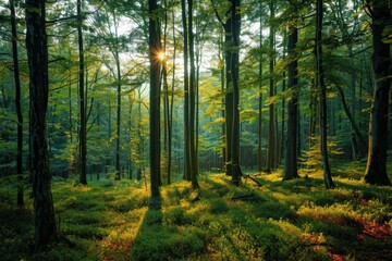 Fototapeta na wymiar Sun shining through trees in forest