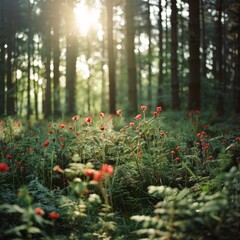 Lush forest abloom with vibrant red flowers