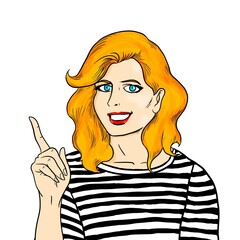 Realistic illustration of a young blonde woman pointing up with her finger