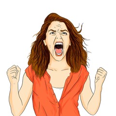 Realistic illustration of an angry young woman screaming with clenched fists