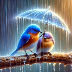 Two vibrant bluebirds are perched side by side on a branch, taking shelter from the rain under a translucent umbrella