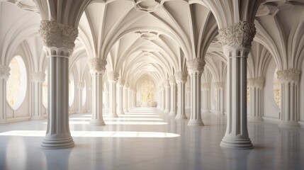 A harmonious blend of white arches and towering columns beneath a meticulously crafted vaulted ceiling, all presented in stunning 4k - obrazy, fototapety, plakaty