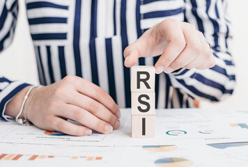 Arranging wooden blocks spelling out RSI, key indicator in financial trading.