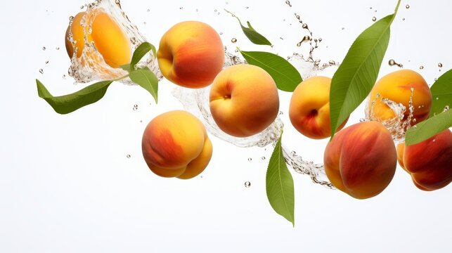 A cascade of juicy peaches and their slices tumbling through the air, accompanied by green leaves, crisply isolated on a white backdrop in 4k
