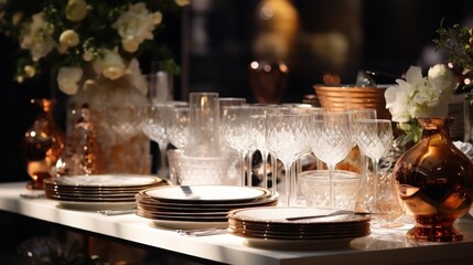 Close-up of a wedding reception buffet table set elegantly with dishware and fine linens, waiting for guests, presented in detailed 4k - obrazy, fototapety, plakaty