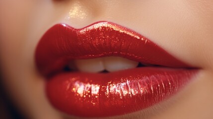 Close-up of shiny lips, their glossiness enhancing the natural charm and attractiveness, beautifully captured in radiant 4k - obrazy, fototapety, plakaty
