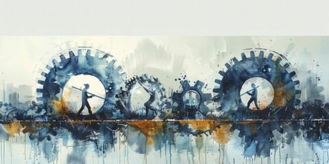 Abstract human figures pushing large gears, metaphor for teamwork and mechanics of business, industrial setting, watercolor painting.