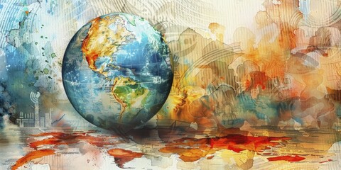 Abstract globe made from a mesh of currencies, highlighting major economies, space like background, watercolor painting.
