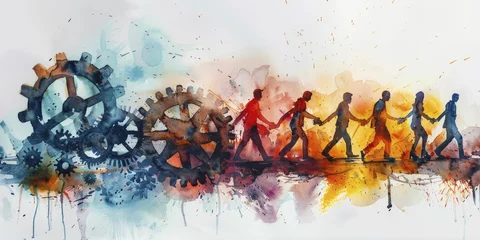 Foto op Plexiglas In a vibrant watercolor scene, abstract figures unite to drive the intricate machinery of teamwork in an industrial backdrop. © Kanisorn