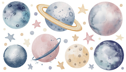 Set with watercolor Planets foe baby design in pastel blue and pink colors. Illustration with moon and stars in a Space for childish design. Astrological round elements for kids greeting cards. - obrazy, fototapety, plakaty