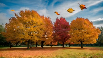 Naklejka na ściany i meble Beautiful autumn landscape . Colorful foliage in the park. Falling leaves natural background