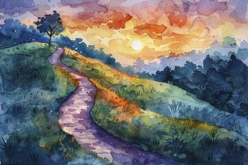 A winding road on a lush hillside leads to new opportunities at sunrise in the background, captured in a watercolor painting. - obrazy, fototapety, plakaty