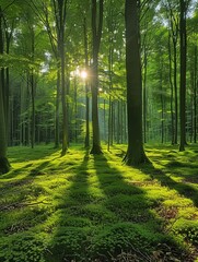 Obraz premium Sun shining through trees in forest