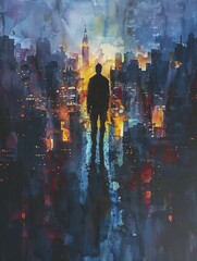 Businessman with a shadow of a superhero, concept of hidden potential, dynamic cityscape at twilight, watercolor painting.