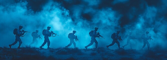 Military fighting scenario with silhouettes against a backdrop of war fog