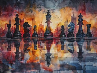 The cityscape chessboard reflects strategic corporate maneuvers amidst the soft glow of twilight in a watercolor masterpiece. - obrazy, fototapety, plakaty