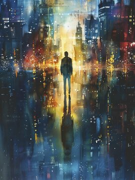 An ordinary businessman reveals his inner superhero amidst a vibrant twilight cityscape in a stunning watercolor artwork.