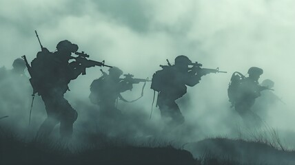 Military fighting scenario with silhouettes against a backdrop of war fog - obrazy, fototapety, plakaty