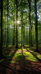 Obraz premium Sun shining through trees in forest