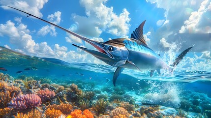 Majestic Marlin Leaping from Turquoise Waters Amidst Vibrant Coral Reef in the Florida Keys