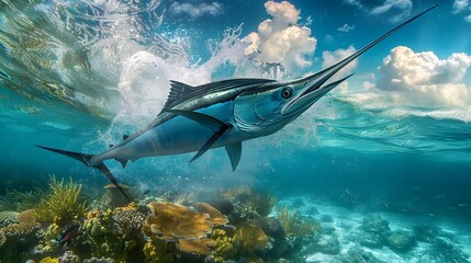 Majestic Marlin Leaping from Vibrant Coral Reef in Turquoise Florida Keys Waters