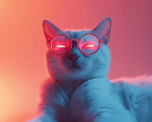 A futuristiclooking cat with laser eyes making a witty pun in front of a minimalist allwhite backdrop