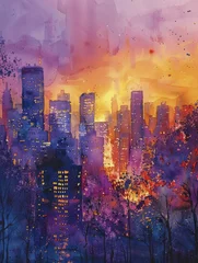 Photo sur Aluminium Peinture d aquarelle gratte-ciel The urban skyline transformed into a twilight garden, where corporate skyscrapers bloom organically like plants in a watercolor painting.