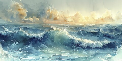 Dynamic waves made of rising and falling stocks and bonds, surfing on these representing market agility, stormy ocean scene, watercolor painting.