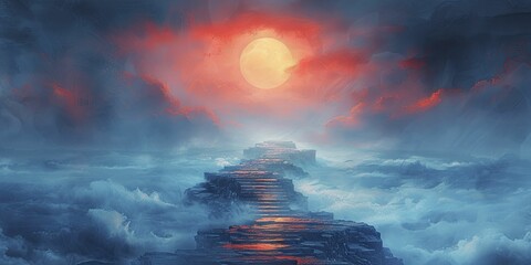 In the watercolor painting, the endless staircase disappears into the early morning fog, embodying ambitious career aspirations. - obrazy, fototapety, plakaty
