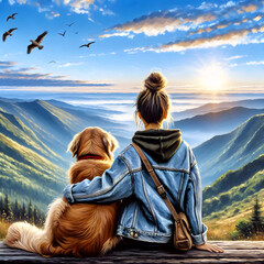 Young woman and a golden retriever enjoying the mountain sunrise view together