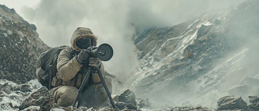 Photographer recording combat in war zones. on the mountain.