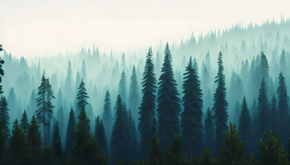 Obraz premium Fir forest in vintage retro style with beautiful landscape. Generative AI